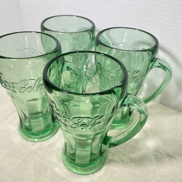 Set Of 4 Coca-Cola Embossed Heavy Green Glass Mugs With Handle Vintage Style 16 - Picture 2 of 11